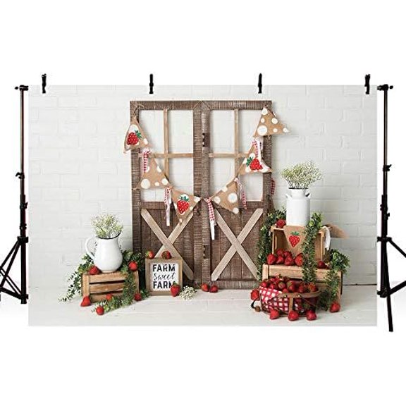Strawberry Girl Birthday Party Photo Background Banner Berry Sweet Girl 1st One Birthday Vintage Door White Brick Wall Red Fruits Portrait Backdrops Props for Cake Smash 7x5ft