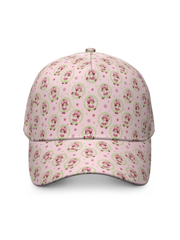 Strawberry and Girl Pink Pattern Baseball Cap, Structured Flat Bill Hat with Snap Closure & Sweatband, Breathable Eyelets Gifts for Sports Outdoor Travel