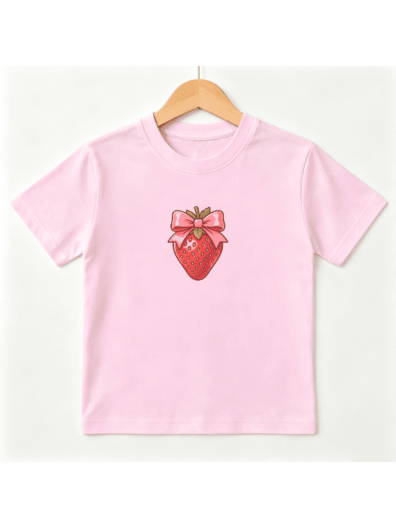 Strawberry Girls Graphic Tee, Cute Summer Fruit Sweet Bow 100% Cotton Kids Short Sleeve T-Shirt