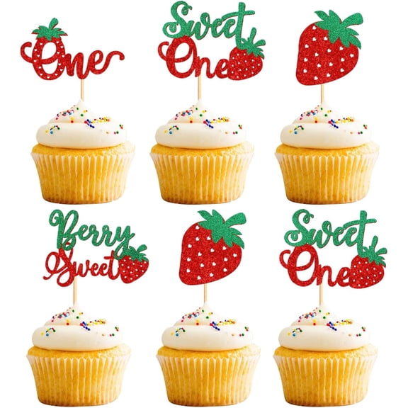Strawberry Glitter Cupcake Toppers, Sweet One, Berry Sweet, One Designs, 1st Birthday Party Decorations, 12 Pack