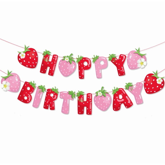 Strawberry Happy Birthday Banner, Red and Pink, Party Decoration, Fruit Theme