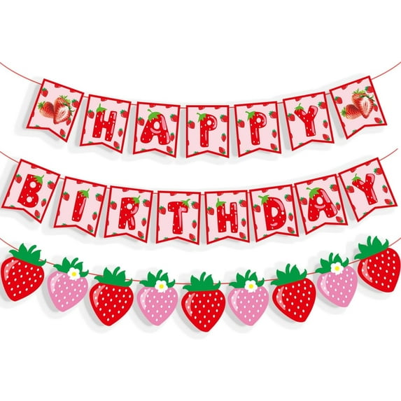 Strawberry Happy Birthday Banner Strawberry Birthday Party Decoration Supplies Red Green Strawberry Happy Birthday Sign Banner Berry Sweet Girl Party Decoration