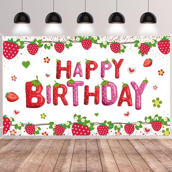 Strawberry Happy Birthday Party Backdrop Banner - Strawberry Decorations Photography Background Party Supplies