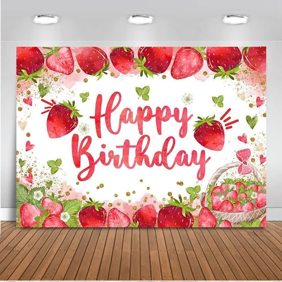 Strawberry Happy Birthday Party Backdrop Banner - Strawberry Decorations Photography Background Party Supplies