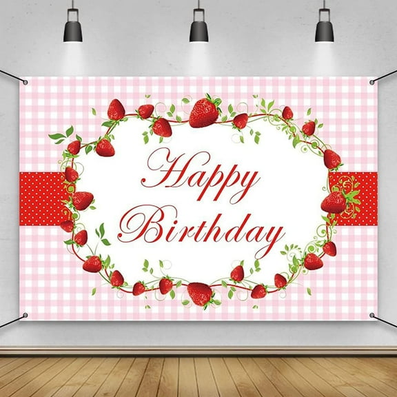 Strawberry Happy Birthday Party Backdrop Banner - Strawberry Decorations Photography Background Party Supplies