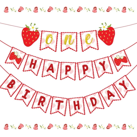 Strawberry Happy Birthday Party Banner Set for 1st Birthday – Berry Theme Happy Birthday Garland Flag and One High Chair Banner for Photo Props