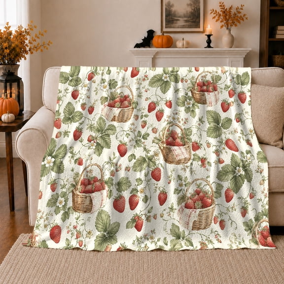Strawberry Harvest Basket Pattern Autumn Leaves Pumpkins, Festive Holiday Scene, Warm Flannel Blanket for Living Room and Reading Nook, Art Lovers Christmas Gift, Festive Home Decor