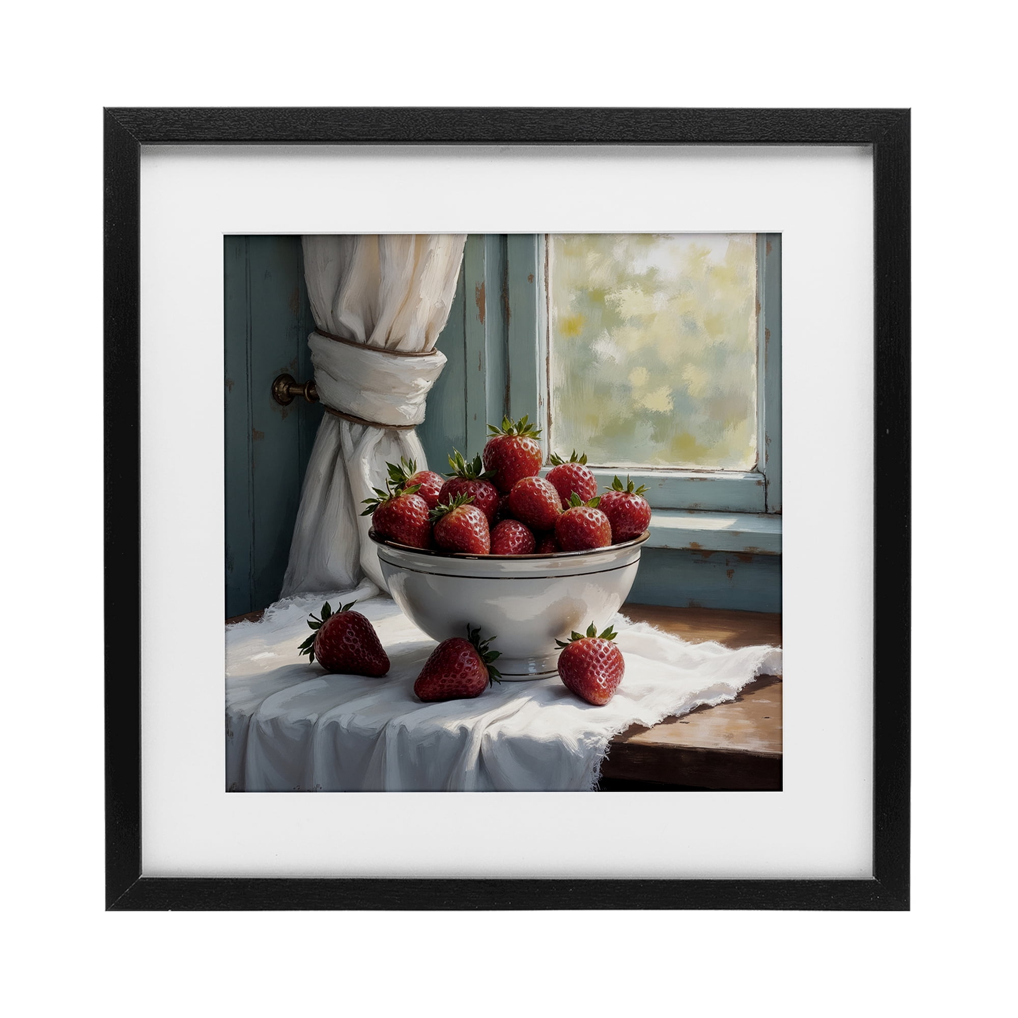 Strawberry Harvest in Window Black Framed Print Under Glass, design by Lettered and Lined