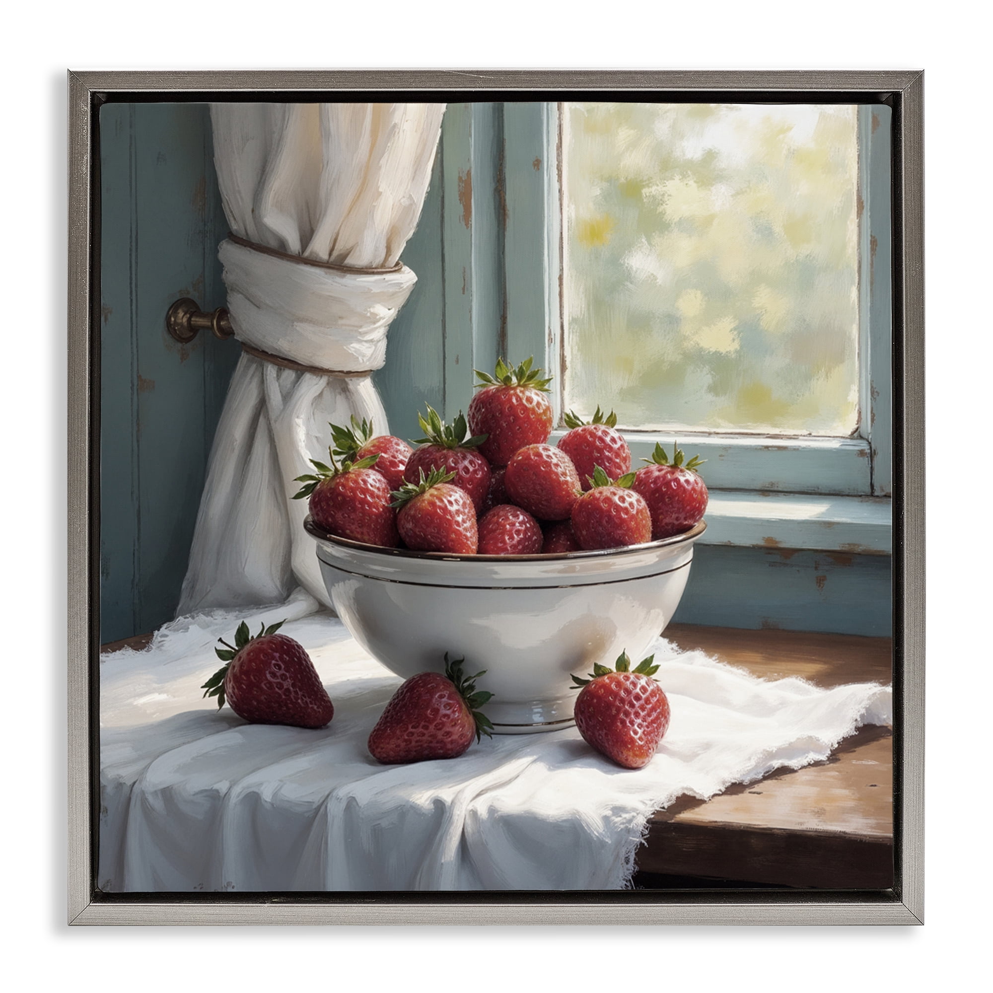 Strawberry Harvest in Window Gray Framed Floater Canvas Wall Art, design by Lettered and Lined
