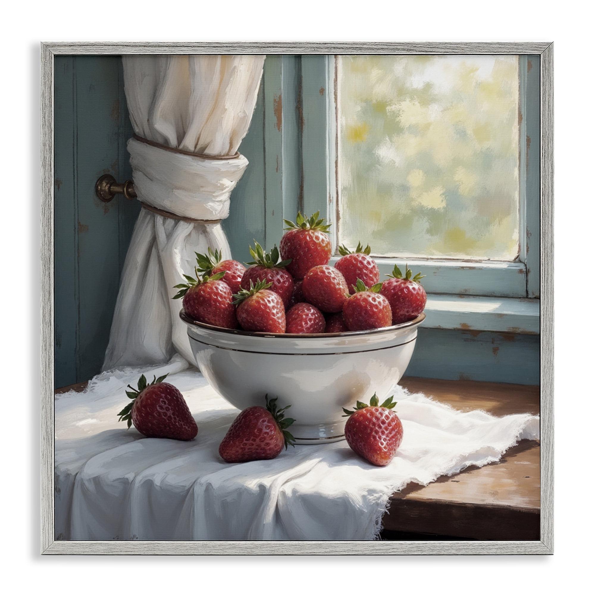 Strawberry Harvest in Window Gray Framed Giclee Art, design by Lettered and Lined
