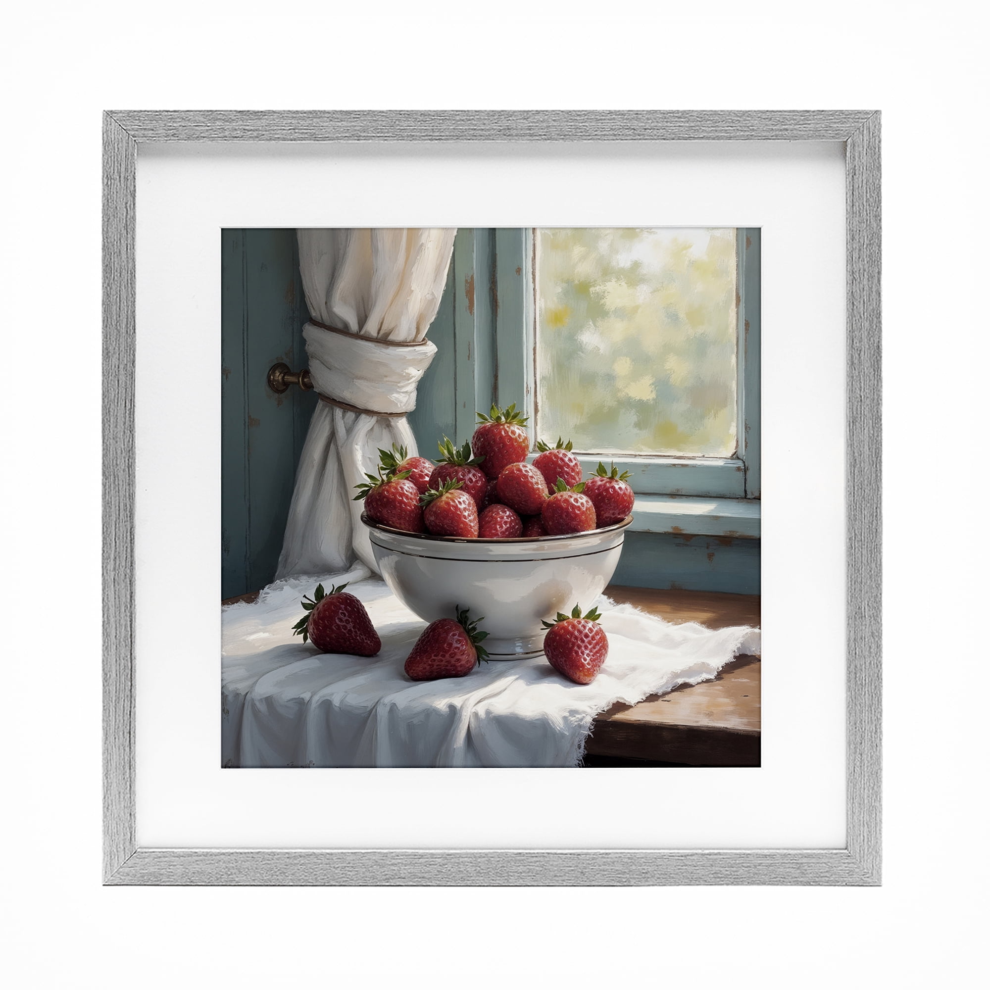 Strawberry Harvest in Window Gray Framed Print Under Glass, design by Lettered and Lined