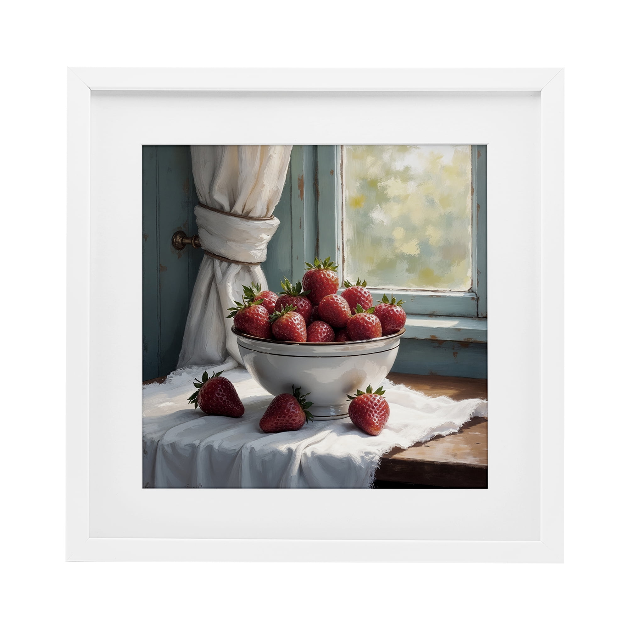 Strawberry Harvest in Window White Framed Print Under Glass, design by Lettered and Lined