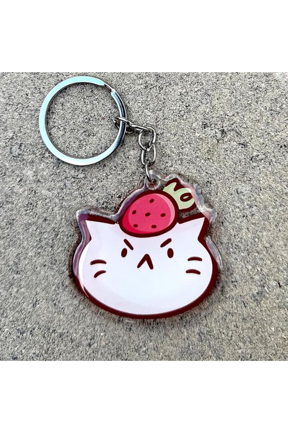 Strawberry Head Cat Keychain | Cute acrylic keychain | strawberry keychain | pink pastel keychain | white cat keychain | grumpy cat keychain