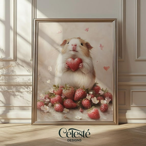 Strawberry Heart Guinea Pig Print, Romantic Valentine'S Wall Art Home Decor #892, 12x18 UNFRAMED
