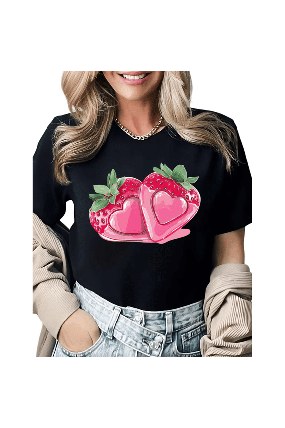Strawberry Heart Jelly Graphic Tees Womans T-shirt Black/White S-5XL Shirts Coquette Valentine Tops