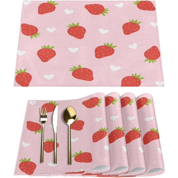Strawberry Hearts Placemats Set of 6 Fabric Placemats Square Placemat for Kitchen Table Heat Resistant, Easy to Clean Table Placemats 12x18 Inch