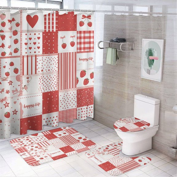 Strawberry Hearts Red Checkered Patchwork Happy Life Shower Curtain Bathroom Sets Toilet Lid Rug, Rugs Mat Bath Mat And Contour Mat, Shower Curtain 4Pcs
