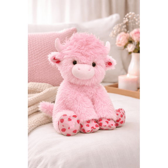 Strawberry Highland Cow Plush, Pink Fluffy Cow Figure Soft Decor with Strawberry Pattern Hooves, Cozy Home Decorative Accent and Birthday Holiday Gift for Girlfriend Boyfriend Valentine Mother’s Day