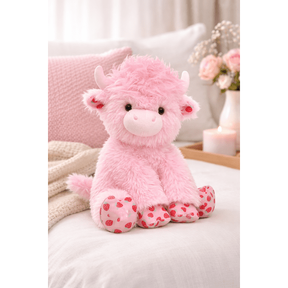 Strawberry Highland Cow Plush, Pink Fluffy Cow Figure Soft Decor with Strawberry Pattern Hooves, Cozy Home Decorative Accent and Birthday Holiday Gift for Girlfriend Boyfriend Valentine Mother’s Day