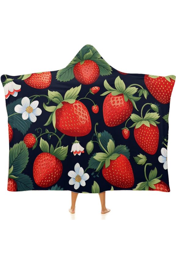 Strawberry Hooded Blanket Cute Strawberry Fleece Blanket Cloak Cape Blanket for Kids Men Women Comfortable Throw Blankets for Couch Travel Bedding Super Soft and Cozy Wearable Hooded Throw Blanket