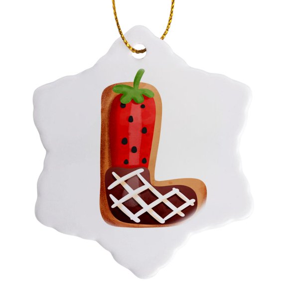 3drose, Strawberry Image of Cookie Monogram Initial L, 3 inch Snowflake Porcelain Ornament
