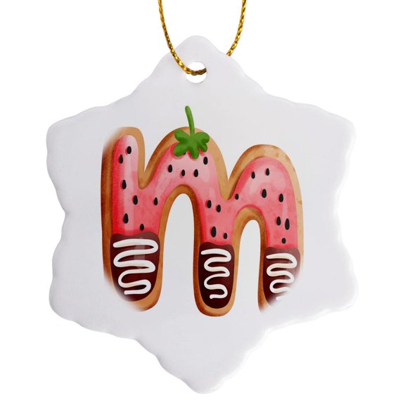 3drose, Strawberry Image of Cookie Monogram Initial M, 3 inch Snowflake Porcelain Ornament