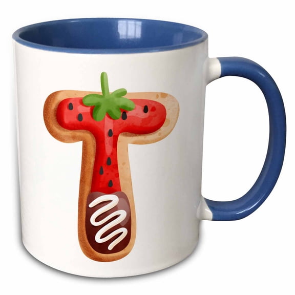 3drose, Strawberry Image of Cookie Monogram Initial T, 15oz Two-tone Blue Mug