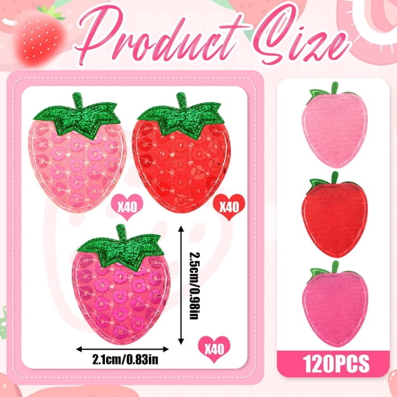 Strawberry Iron On Patches 120 Pcs 3 Colors Glitter Sequin Cotton Fabric Decor
