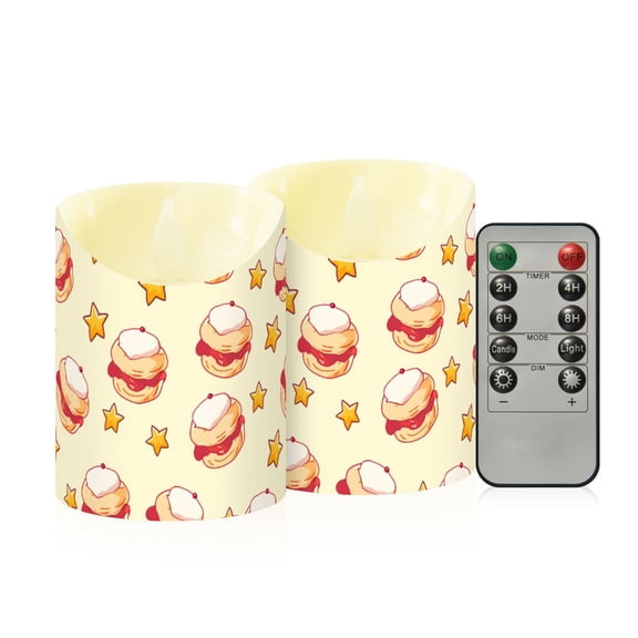 Strawberry Jam Cake Pattern Flameless Candles 2 PCS with Remote Realistic Moving Flame LED Tapered Pillar Set for Home Decor