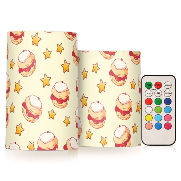Strawberry Jam Cake Pattern Flameless LED Candle Set with Remote, Battery Operated Color Changing Pillar Candles, Set of 2