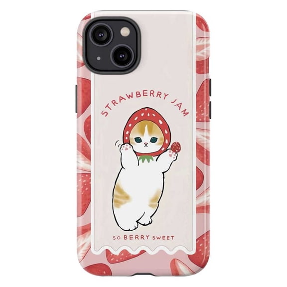 Strawberry Jam Cat Phone Case, Kawaii Kitty iPhone Cover with Fruit Label Design, Cute Pink Aesthetic Protective Case for iPhone 16 15 14 13 12 11 Plus Pro Max Mini