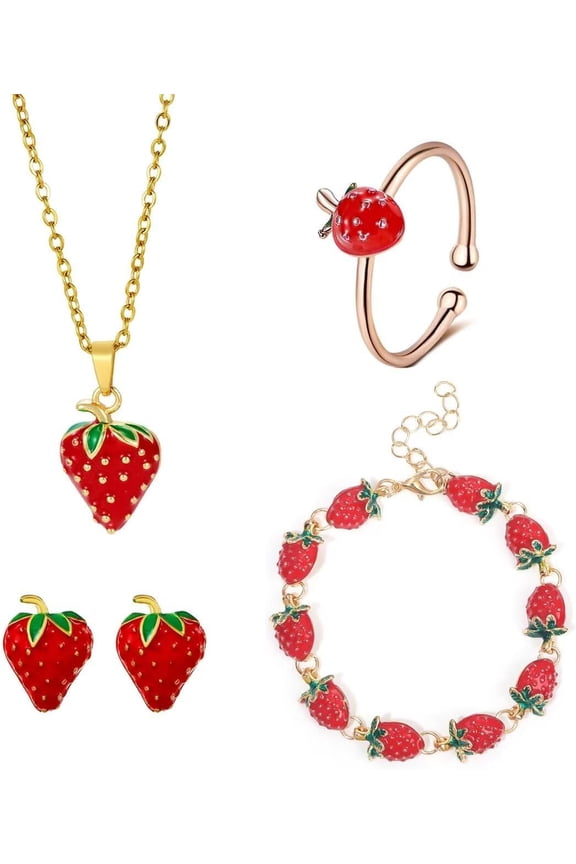 Strawberry Jewelry Set for Women Cute Strawberry Earrings Necklace Bracelet Dainty Fruit Charm Accessories for Birthday Party[v615]
