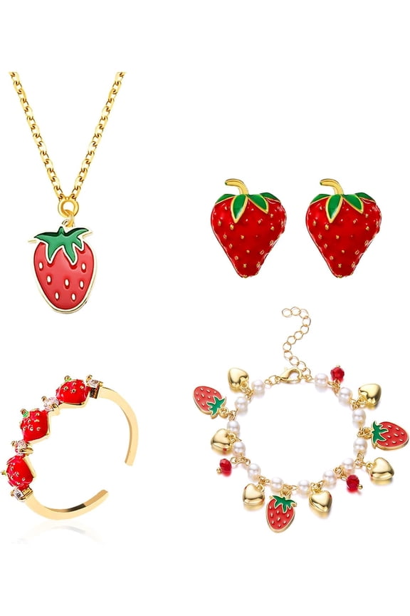 Strawberry Jewelry Set for Women Cute Strawberry Earrings Necklace Bracelet Ring Accessories Fruit Themed Costume Party Jewelry Gift[i541]