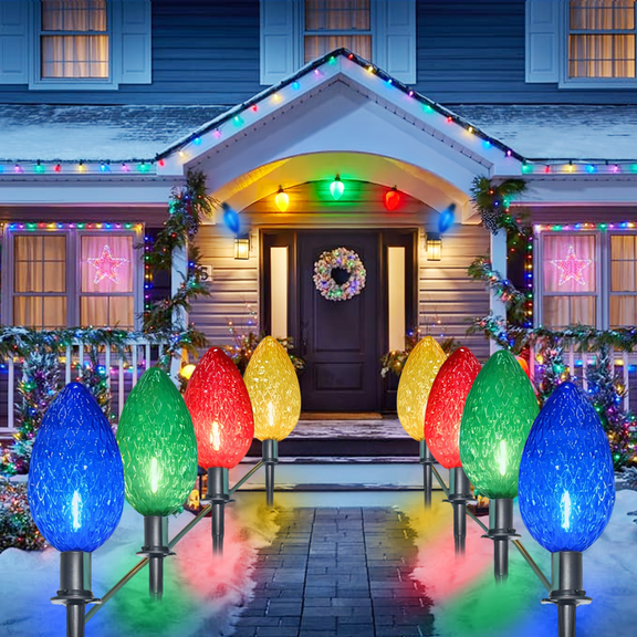 Strawberry Jumbo C9 Christmas Pathway Lights Outdoor -2 Pack Total 14 Feet 8 LED Jumbo C9 Pathway Lights, Colored Jumbo Light Bulb Christmas Light Outdoor Decorations for Holiday Yard, Multicolor