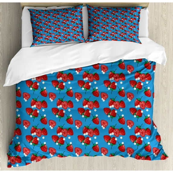 Strawberry King Size Duvet Cover Set, Yummy Fresh Strawberries Pattern with Floral Motifs on Blue Background Print, Decorative 3 Piece Bedding Set with 2 Pillow Shams, Multicolor, by Ambesonne