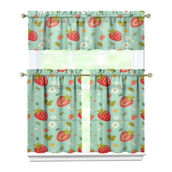 Strawberry Kitchen Curtain Valance 3 Piece Set Short Curtain Sink Window Decor 36 Inch Small Window Treatment Tier 27.5x36 Length