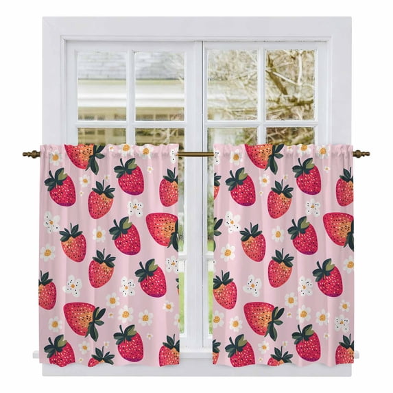 Strawberry Kitchen Curtains, Pink Spring Summer Rustic Floral Fruit Light Filtering Window Curtain Panels, 2Pcs Rod Pocket Window Treatments Set for Study Room Bathroom Bedroom 52x54 Inches