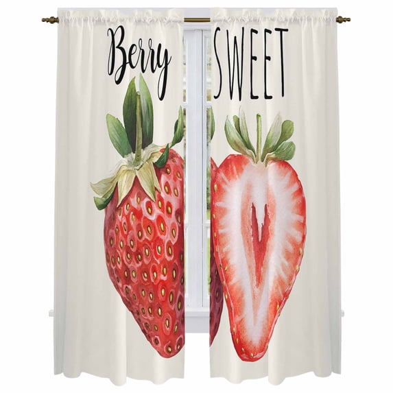 Strawberry Kitchen Curtains, Red Summer Fruits Green Botanical Light Filtering Window Curtain Panels, 2Pcs Rod Pocket Window Treatments Set for Living Room Bathroom Bedroom 52x72 Inches
