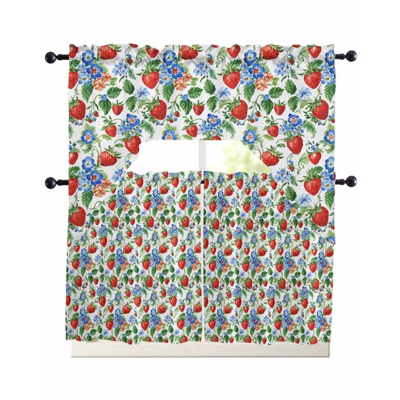 Strawberry Kitchen Curtains Set for Windows 3 Piece Cafe Curtains 24 Inch Length Swag Curtains Valances and Tier Set Summer Botanical Blue Spring Floral Drapes for Bedroom Bathroom Living Room