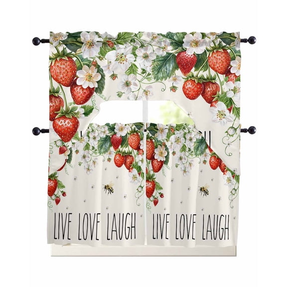 Strawberry Kitchen Curtains Set for Windows 3 Piece Cafe Curtains 24 Inch Length Swag Curtains Valances and Tier Set Summer Fruits Bee Floral Botanical Drapes for Bedroom Bathroom Living Room