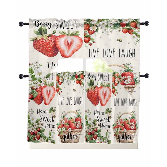 Strawberry Kitchen Curtains Set for Windows 3 Piece Cafe Curtains 36 Inch Length Swag Curtains Valances and Tier Set Summer Fruits Green Botanical Floral Drapes for Bedroom Bathroom Living Room