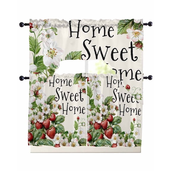 Strawberry Kitchen Curtains Set for Windows 3 Piece Cafe Curtains 36 Inch Length Swag Curtains Valances and Tier Set Summer Fruits Spring Floral Botanical Drapes for Bedroom Bathroom Living Room