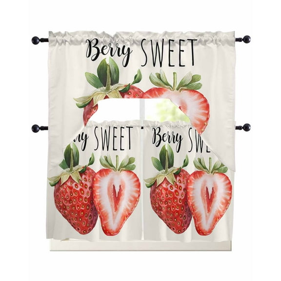 Strawberry Kitchen Curtains Sets 24 Inch Length with Valance, Red Summer Fruits Green Botanical Swag Valances and Tiers Curtain Set Drapes Swag Curtains for Living Room, Bathroom, Bedroom, Cafe