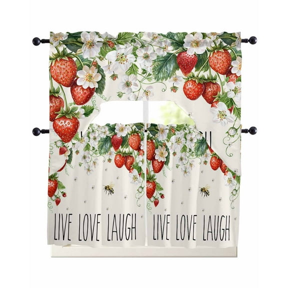 Strawberry Kitchen Curtains Sets 24 Inch Length with Valance, Summer Fruits Bee Floral Botanical Swag Valances and Tiers Curtain Set Drapes Swag Curtains for Living Room, Bathroom, Bedroom, Cafe