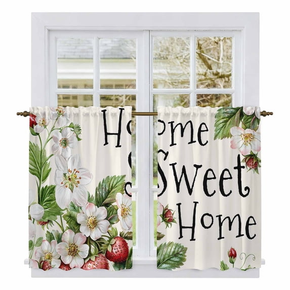 Strawberry Kitchen Curtains, Summer Fruits Spring Floral Botanical Light Filtering Window Curtain Panels, 2Pcs Rod Pocket Window Treatments Set for RV Dining Room Study Room 42x45 Inches
