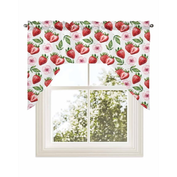 Strawberry Kitchen Curtains Swag Valance for Windows/Bathroom/Cafe, Tropical Summer Red Fruit Cherry Blossoms Rod Pocket Drape Panel Swag Curtains Valance for Bedroom/Living Room 56"x36"