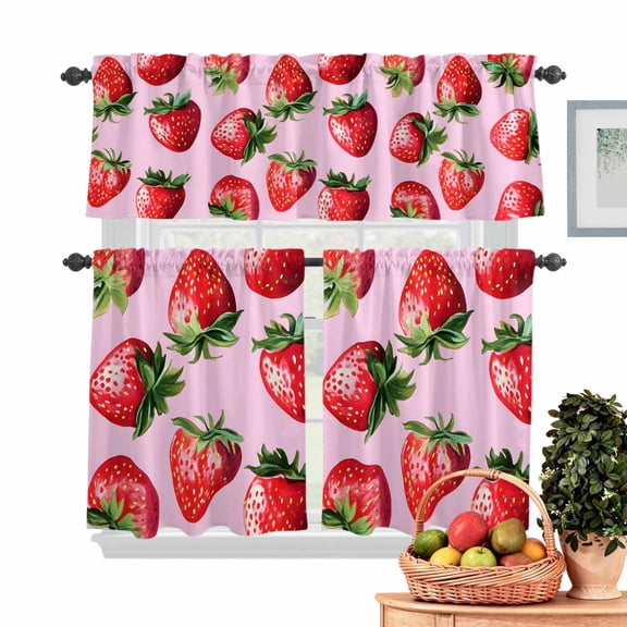 Strawberry Kitchen Curtains Valances 3 Piece Set, Red Plant Fruit Rod Pocket Tier Curtain and Valance Drapes for Small Window 36 Inch Length for Bedroom Cafe