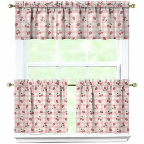 Strawberry Kitchen Curtains Valances and Tiers Set for Windows,Cute Bathroom Window Curtain Valance 3 Piece Sets,Kitchen Decor for Living Room,54''''x 24''''