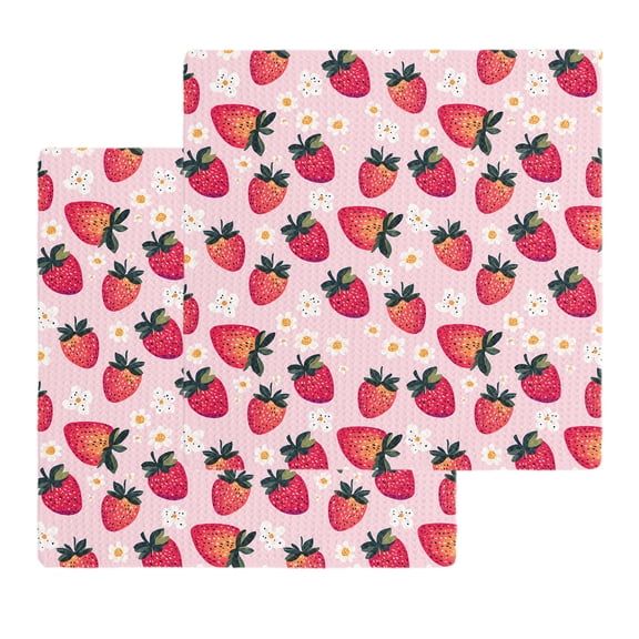 Strawberry Kitchen Dish Towels for Drying Dishes Set of 2, Pink Spring Summer Rustic Floral Fruit Waffle Weave Microfiber Hand Tea Bathroom Towels Quick Dry & Absorbent Towel 12x12
