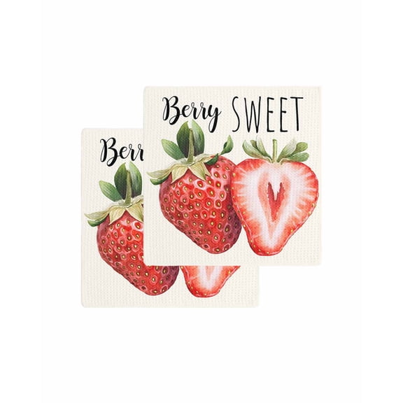 Strawberry Kitchen Dish Towels for Drying Dishes Set of 2, Red Summer Fruits Green Botanical Waffle Weave Microfiber Terry Hand Tea Bathroom Towels Quick Dry & Absorbent Towel 12x12